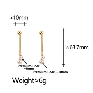 Detailed view of long pearl tassel earrings showing 63.7mm length and size dimensions