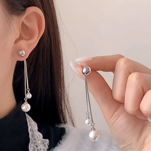 Elegant silver tassel earrings with champagne pearls and long snake chain drop fringe