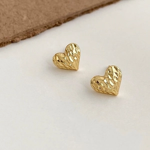 Elegant gold heart stud earrings with unique 3D fish scale texture for women