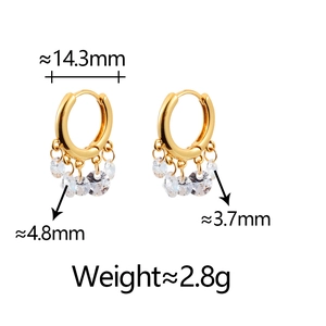 Detailed view of silver hoop earrings with clear zircon tassels and dimensions