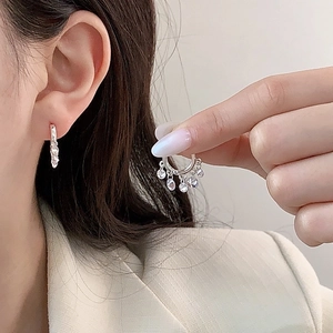 Silver hoop earrings with zircon pendants and minimalist geometric tassel design for women