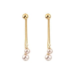 Elegant champagne gold tassel earrings with hanging high-luster pearl drop charms