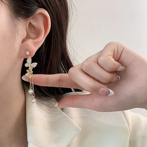 Elegant long gold butterfly pearl tassel earrings with zircon studs for women