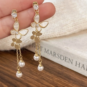 Butterfly Artificial Pearl Tassel Dangle Earrings With Silver Earring Post Shell Zircon Gold Plated Elegant Jewelry For Women