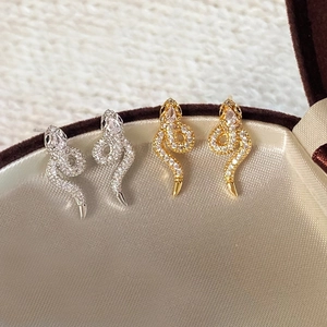Snake Shape Stud Earrings Copper With Cubic Zirconia Chinese Style Animal Design Fashion Jewelry For Women