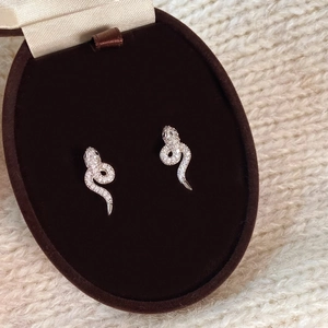 Macro shot of silver snake earrings with pavé crystals in a velvet jewelry box