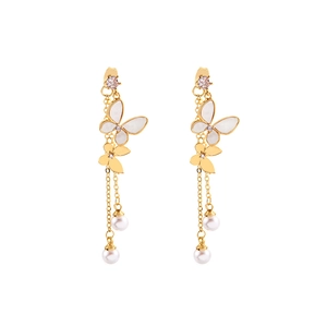 Elegant butterfly tassel earrings with shell inlay and pearls in champagne gold finish