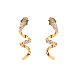 Elegant gold snake earrings with green gem eyes and sparkling white zircon pavé setting