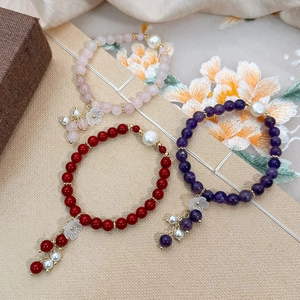 Bracelet En Pierres Naturelles Et Künstliche Perles Fait Main Pour Femme Pendentif Fleur En Nacre Bijou Élégant Style Coréen