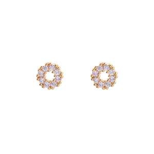 Elegant gold flower hoop earrings featuring delicate lavender zircon stones on white background