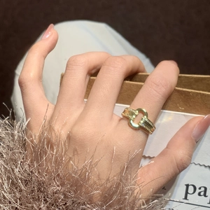 Vintage double layer gold plated ring with zircon stones and hollow oval link design
