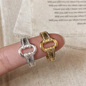 Adjustable hollow double-layer rings with brushed gold finish and sparkling zircon pavé