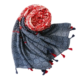 Ethnic floral patchwork scarf with tassels made of light cotton linen fabric