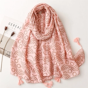 Women Scarf Shawl Polyester Cotton Feel Tassel Geometric Print Ethnic Fashion Lightweight Sun Protection Pink