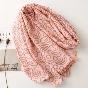 Pink geometric print cotton scarf with fringe tassels for women in minimalist style