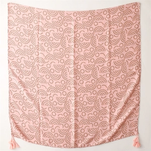 Pink bohemian cotton-linen scarf with geometric brown circle prints and decorative tassels
