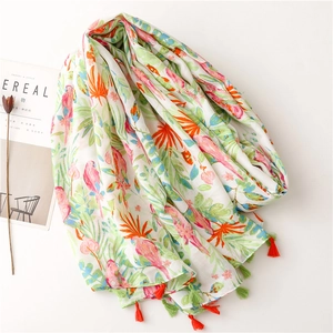 Elegant white cotton linen scarf with pink parrot and palm leaf prints and fringe tassels