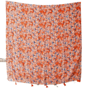 Orange floral cotton linen scarf with white leaf pattern and fringed tassel edges