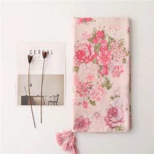 Elegant pink floral linen scarf with fringe tassels for women, lightweight summer shawl
