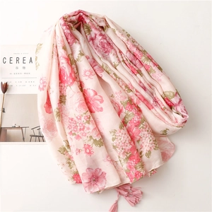 Elegant pink floral cotton linen scarf with soft tassels and delicate rose pattern