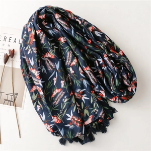 Navy blue cotton linen scarf with butterfly floral print and elegant fringe tassels