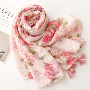Elegant pale pink floral cotton linen scarf with tassels and rose patterns for summer