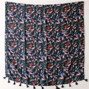 Vintage navy cotton linen scarf with floral butterfly prints and fringe tassels