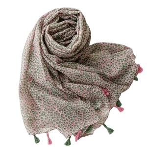 Floral cotton linen scarf with tassels, elegant long sunscreen beach shawl for women