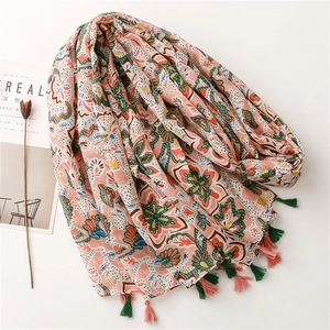 Bohemian floral printed sunshade shawl with colorful tassels on a white background