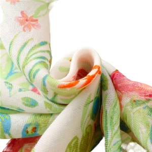 Elegant floral and bird pattern cotton linen scarf in pastel green and pink colors