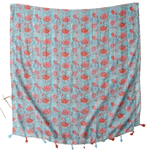 Light blue floral cotton linen scarf with coral pink lily prints and tassel edges