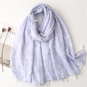 Women Long Floral Print Scarf Light Purple Soft Polyester Tassel Beach Sunshade Shawl Wrap Ethnic Style Fashion