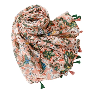 Bohemian floral print scarf with tassels, soft pink and orange sun protection shawl