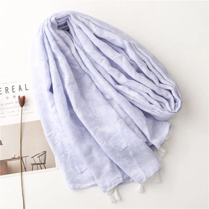 Light purple floral beach shawl with fringe trim and elegant cotton-linen feel
