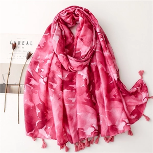 Pink bohemian floral ink print scarf with tassels for summer beach sun protection