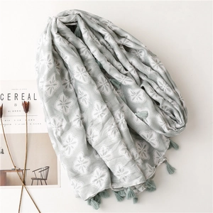 Light green bohemian floral scarf with tassels, thin cotton shawl for summer sun protection