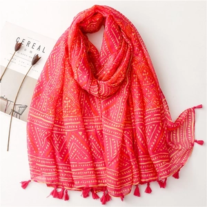 Bohemian Ethnic Geometric Print Scarf Shawl Red Polyester Tassels Lightweight Sun Protection Beach Travel Wrap For Women