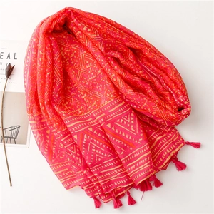 Bohemian red geometric scarf with fringe tassels made of lightweight cotton-linen blend