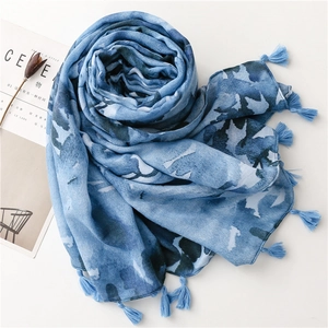 Blue bohemian ink wash floral print scarf with tassels for beach sun protection