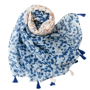 Bohemian paisley leopard print shawl scarf with blue fringe on white background