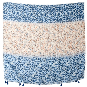 Bohemian paisley and floral patchwork scarf with blue fringe tassels for sun protection