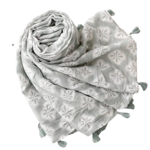 Sage green Bohemian floral print scarf with tassels for summer beach sun protection