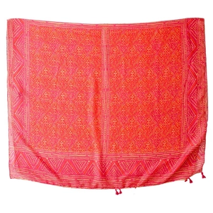 Bohemian red geometric scarf with tassels, breathable beach shawl for sun protection