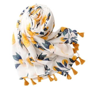Summer cotton linen scarf with orange lemon print and yellow tassels for sun protection