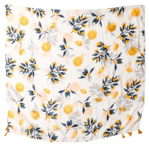 White square scarf with vibrant lemon print and yellow tassels for beach sun protection