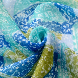 Close-up of bohemian geometric patterns on lightweight cotton linen scarf fabric