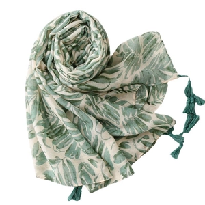 Lightweight cotton linen shawl with green leaf print and fringe for summer beach wear