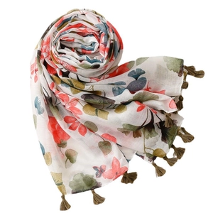 Écharpe bohème en coton et lin à fleurs avec des pompons de franges vert olive