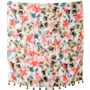 Châle bohème avec imprimé floral tropical corail et bleu sarcelle avec franges