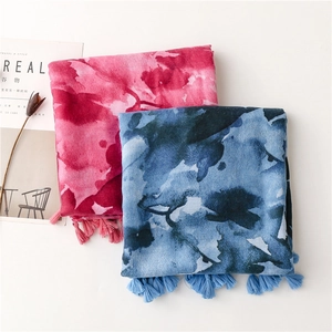 Bohemian watercolor ink print shawl with fringe details for beach sun protection